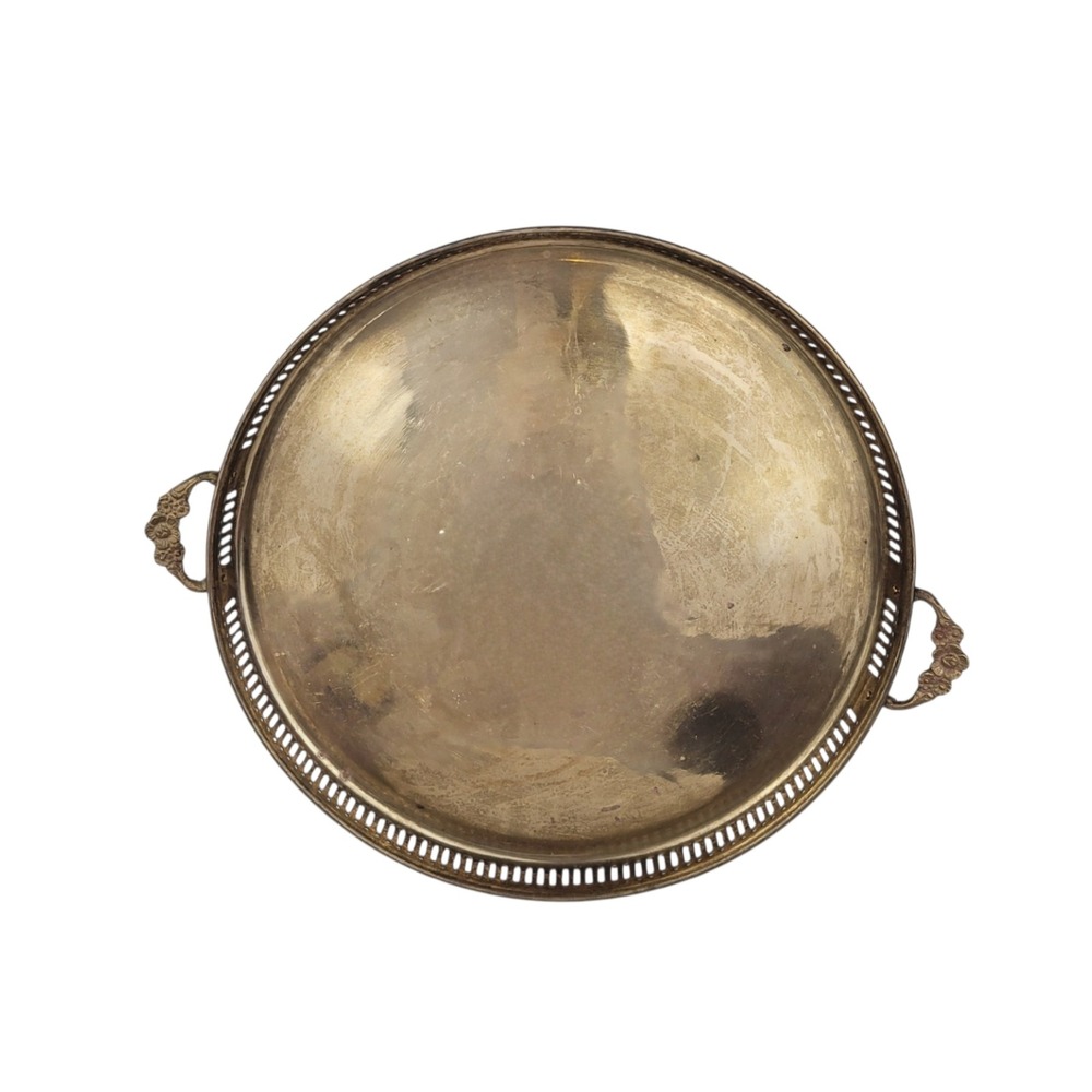 Vintage Round Brass Gallery Tray Pierced Sides‎ and Floral Handles 13 Inch